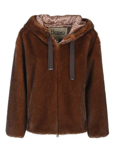 Herno Dark Brown Faux Fur Bomber Jacket With Custom Drawstring Hood In Brown