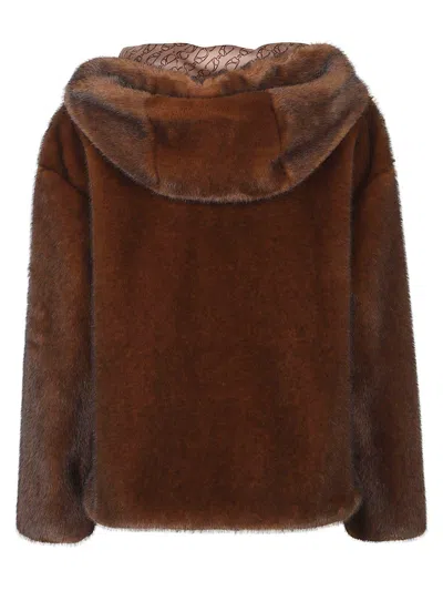 Herno Dark Brown Faux Fur Bomber Jacket With Custom Drawstring Hood In Brown