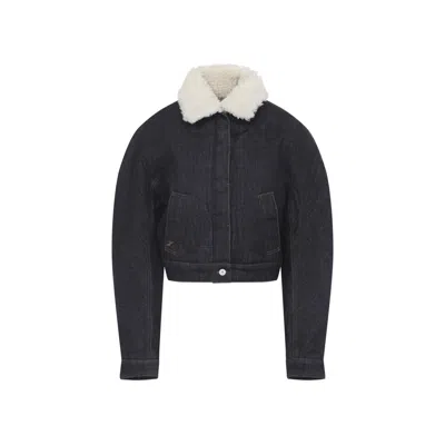 Jacquemus Le Bomber De-nimes Ovalo Blue Jacket With Fur Collar And Two Front Welt Pockets In Denim Woman In Black