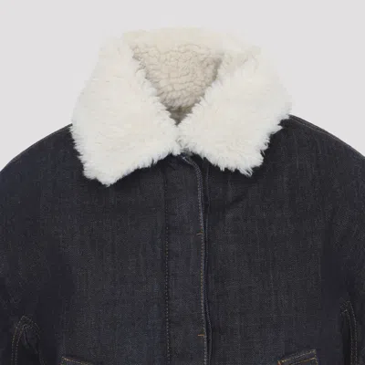 Jacquemus Le Bomber De-nimes Ovalo Blue Jacket With Fur Collar And Two Front Welt Pockets In Denim Woman In Black