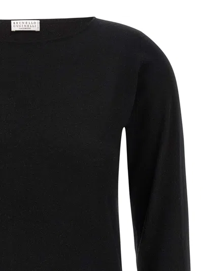 Brunello Cucinelli Boat Neck Cashmere & Lurex Knit Sweater In Black