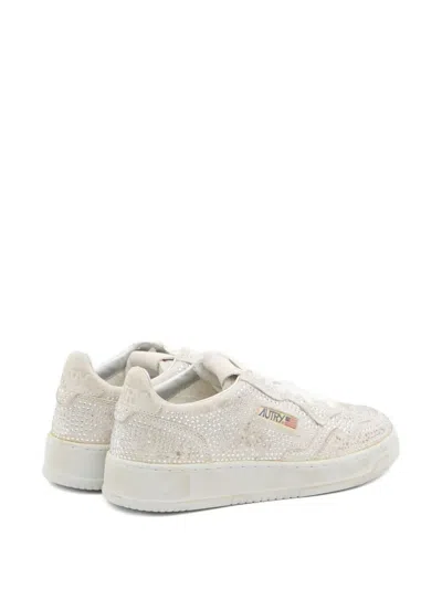 Autry Medalist Low Sneakers In Worn-out Effect Suede With Rhinestones In White