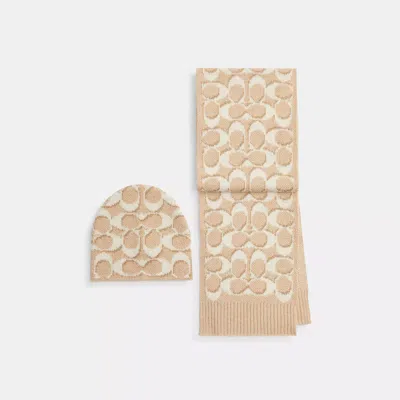Coach Signature Metallic Beanie And Muffler Gift Set In White