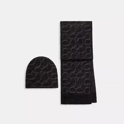 Coach Signature Metallic Beanie And Muffler Gift Set In Black