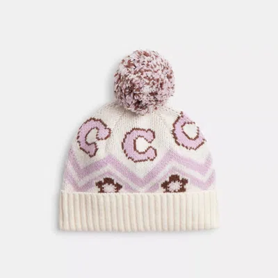 Coach Fair Isle Print Knit Beanie In White