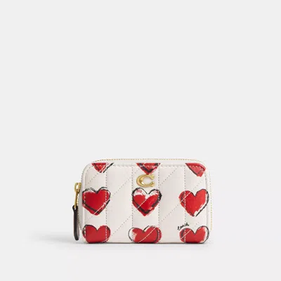 Coach Essential Small Zip Around Card Case With Quilting And Heart Print In White