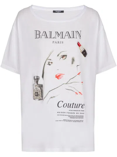 Balmain Beauty Print Embroidery Patches T-shirt In White