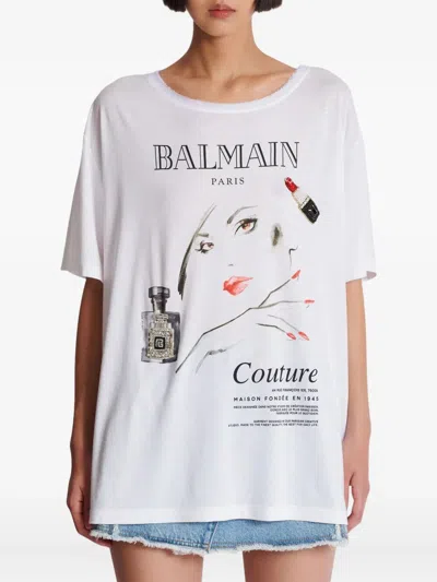 Balmain Beauty Print Embroidery Patches T-shirt In White