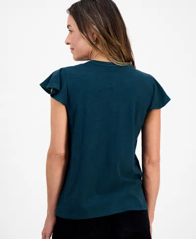Style & Co Petite Cotton Embroidered Flutter-sleeve Knit Top, Macy's Exclusive In Green