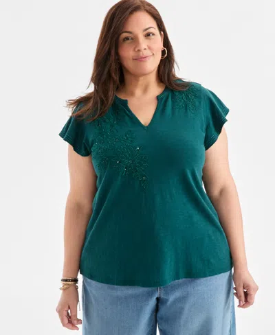Style & Co Plus Size Embroidered Flutter-sleeve Knit Top, Macy's Exclusive In Animal Print