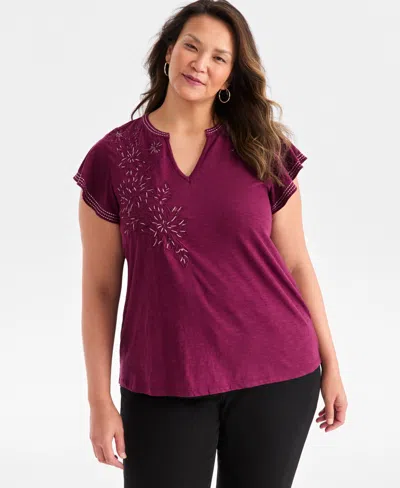 Style & Co Plus Size Embroidered Flutter-sleeve Knit Top, Macy's Exclusive In Multi