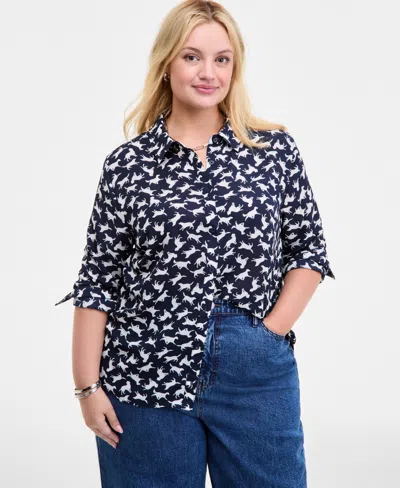 On 34th Trendy Plus Printed Button-front Blouse, Macy's Exclusive In Blue