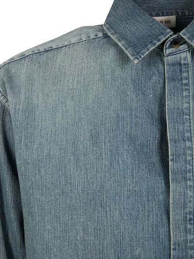 Fear Of God Light Blue Shirt With Faded Denim Effect In Animal Print