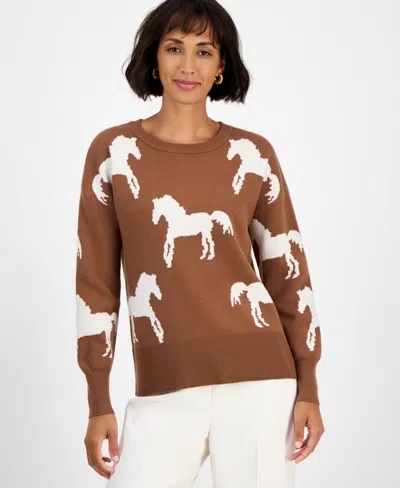 T Tahari Horse Pattern Sweater In Brown