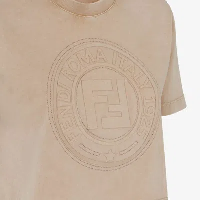 Fendi Beige Washed-out Cropped T-shirt With Logo In Neutral