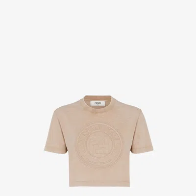 Fendi Beige Washed-out Cropped T-shirt With Logo In Neutral