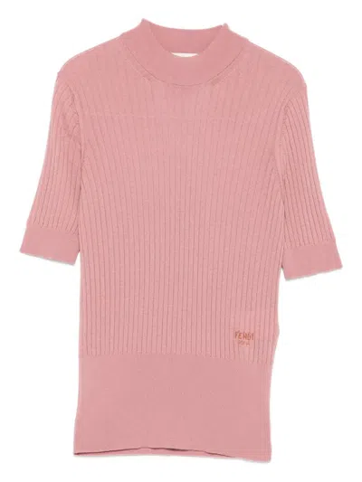 Fendi Knit Pullover With Crew Neck And Ribbed Texture In Pink