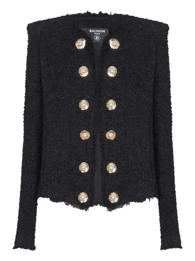 Balmain Edge-to-edge Silky Tweed Jacket In Black