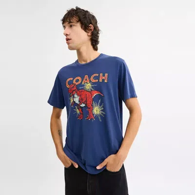 Coach Garment Washed Dinosaur T Shirt In Organic Cotton In Blue