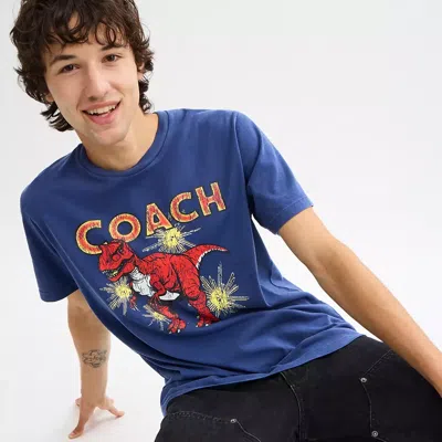 Coach Garment Washed Dinosaur T Shirt In Organic Cotton In Blue