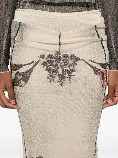 Jean Paul Gaultier Mesh Skirt Double Layer Printed "tattoo Rose & Bird In Neutral