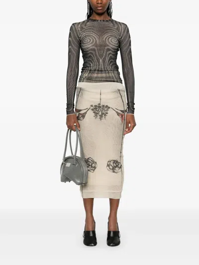 Jean Paul Gaultier Mesh Skirt Double Layer Printed "tattoo Rose & Bird In Neutral