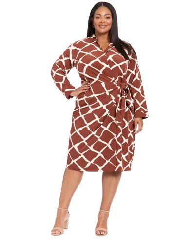 London Times Plus Size Long Sleeve Wrap Midi Dress In Brown
