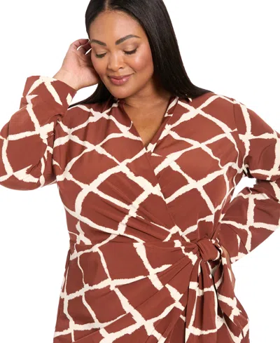 London Times Plus Size Long Sleeve Wrap Midi Dress In Brown