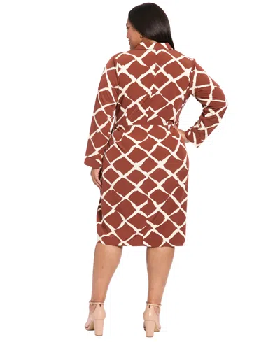 London Times Plus Size Long Sleeve Wrap Midi Dress In Brown