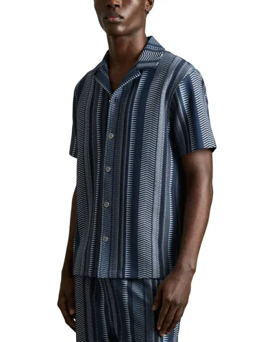 Reiss Navy Aztec-stripe Cuban-collar Shirt In Blue