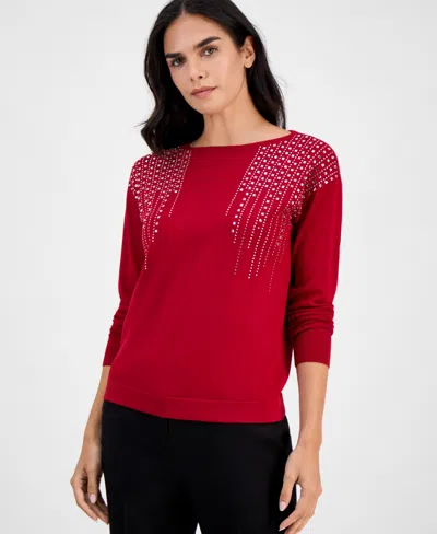 Ak Anne Klein Petite Embellished Boat-neck Long-sleeve Top In Red