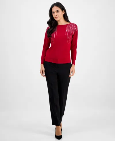Ak Anne Klein Petite Embellished Boat-neck Long-sleeve Top In Red