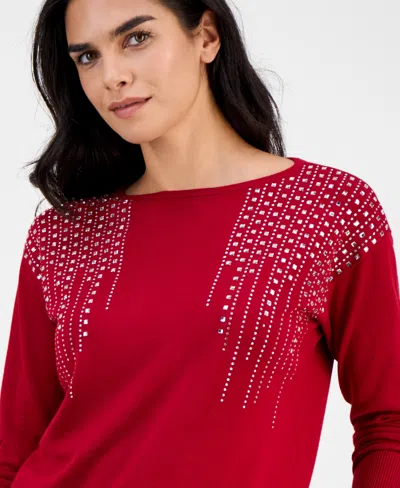 Ak Anne Klein Petite Embellished Boat-neck Long-sleeve Top In Red