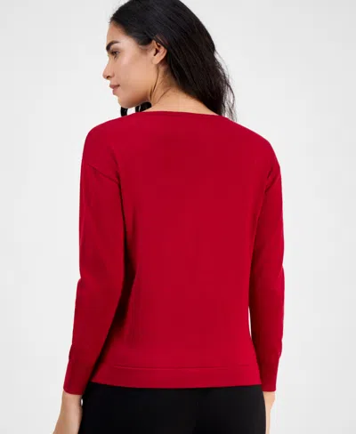 Ak Anne Klein Petite Embellished Boat-neck Long-sleeve Top In Red