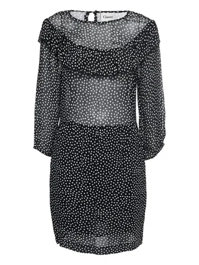 Pre-owned Ganni Polka Dot Ruffled Dress In Black