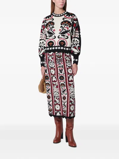 Farm Rio Embroidered Midi Skirt With Scalloped Hem In Red