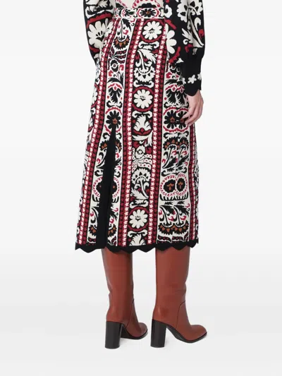 Farm Rio Embroidered Midi Skirt With Scalloped Hem In Red