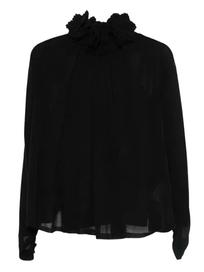 Zimmermann Sheer Black Long-sleeved Top With Ruffled Neckline In Black