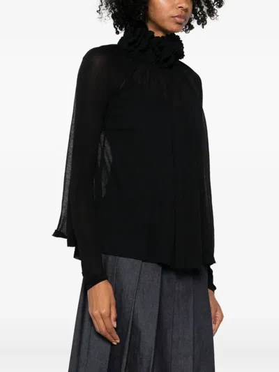 Zimmermann Sheer Black Long-sleeved Top With Ruffled Neckline In Black