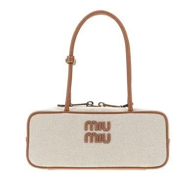 Miu Miu Canvas Beau Shoulder Bag With Double Handles In Brown