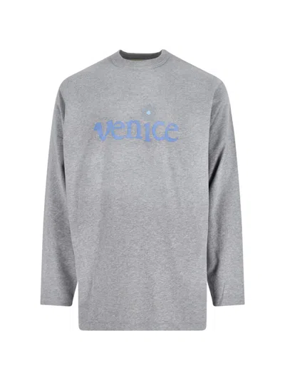 Erl Long Sleeve Graphic Print Crew Neck Top In Gray