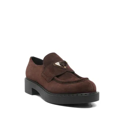 Prada Suede Loafers With Chunky Heel And Round Toe In Brown