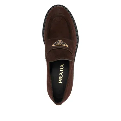 Prada Suede Loafers With Chunky Heel And Round Toe In Brown