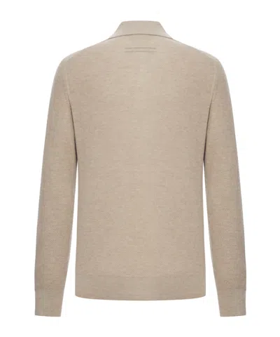 Zegna Cashmere Polo With Long Sleeves And Ribbed Hem In Brown