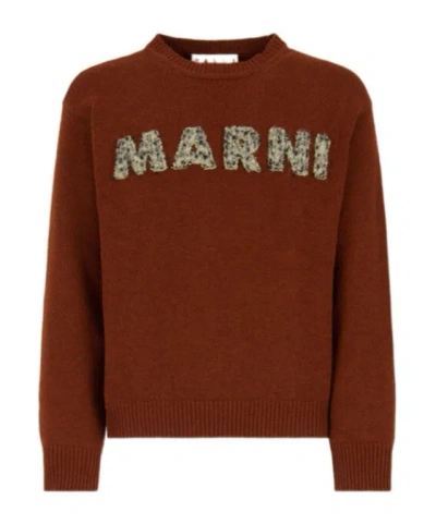 Marni Ribbed Cuff Long Sleeve Virgin Wool Sweater In Brown