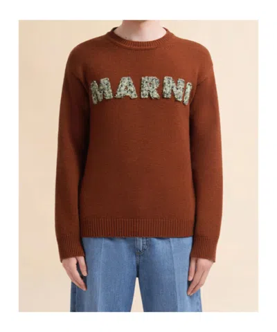 Marni Ribbed Cuff Long Sleeve Virgin Wool Sweater In Brown