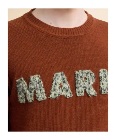 Marni Ribbed Cuff Long Sleeve Virgin Wool Sweater In Brown