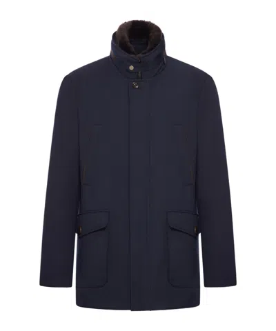 Moorer Short Jacket Featuring High Collar And Pockets In Blue