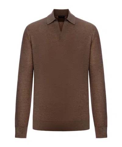 Zegna Cashmere Jacquard Long Sleeve Polo In Brown