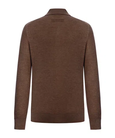 Zegna Cashmere Jacquard Long Sleeve Polo In Brown